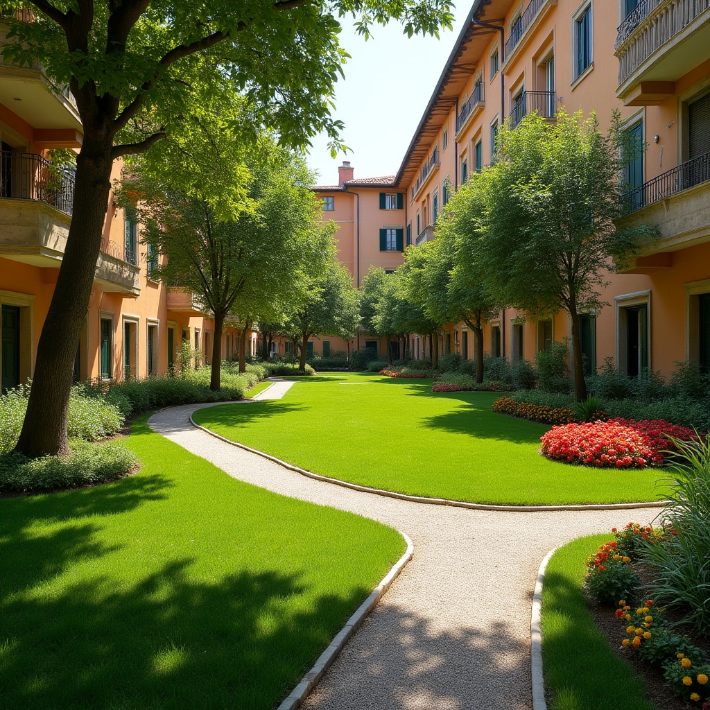 Area verde condominiale con aiuole fiorite e prato ordinato