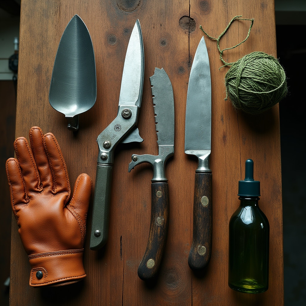 Attrezzatura professionale da giardinaggio disposta ordinatamente