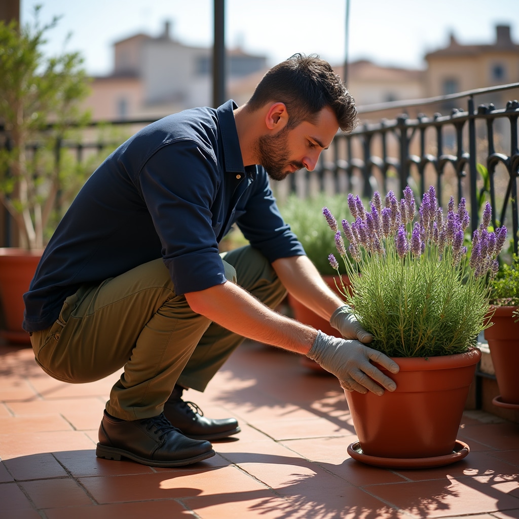 Giardiniere professionista al lavoro su una terrazza urbana