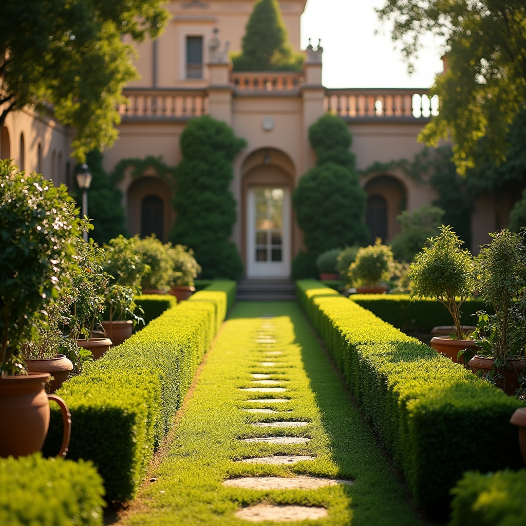 Giardino privato curato con cespugli potati e prato verde a Roma