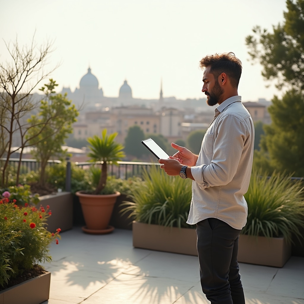 Progettista di spazi verdi che lavora su una terrazza con piante