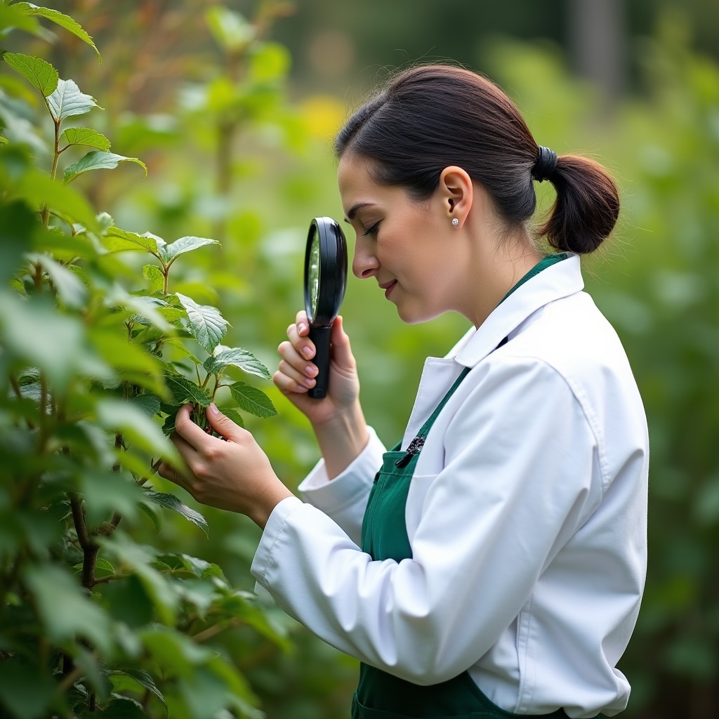 Tecnico fitosanitario che esamina foglie di piante in un giardino