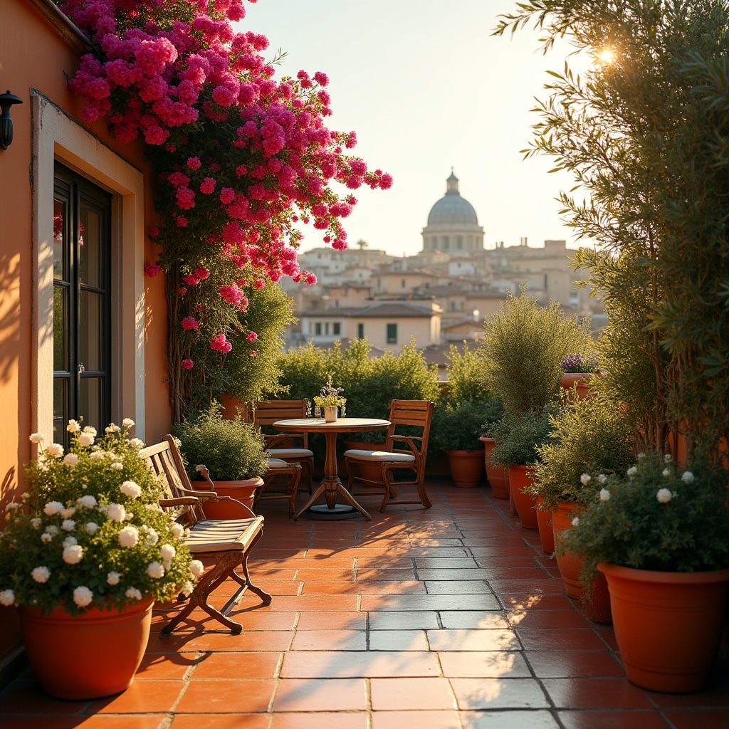 Terrazza urbana con piante fiorite e fioriere curate a Roma